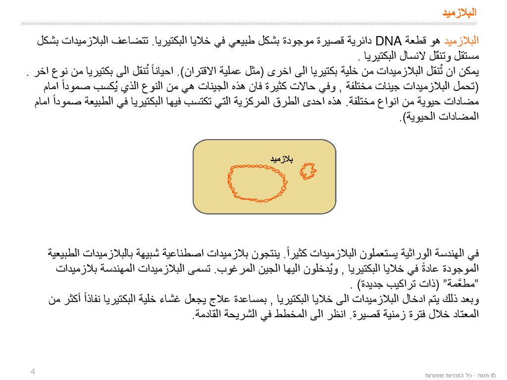 البلازميد البلازميد هو قطعة DNA دائرية قصيرة موجودة بشكل طبيعي في خلايا البكتيريا. تتضاعف البلازميدات بشكل مستقل وتنقَل لانسال البكتيريا .