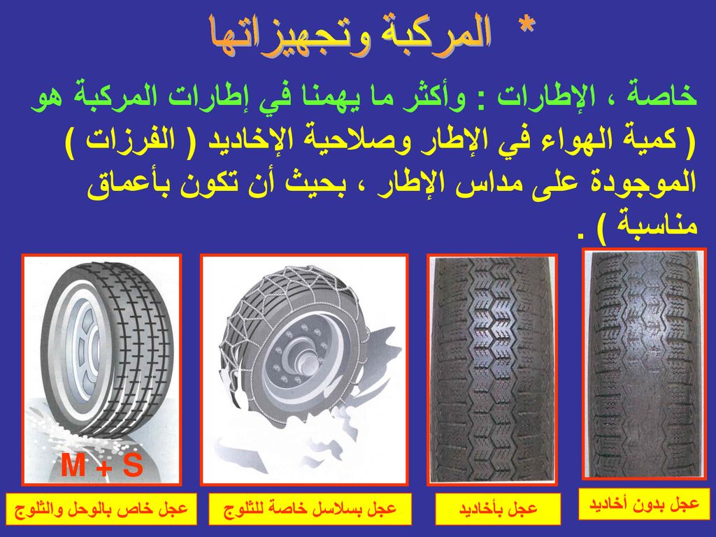 خاصة ، الإطارات : وأكثر ما يهمنا في إطارات المركبة هو ( كمية الهواء في الإطار وصلاحية الإخاديد ( الفرزات ) الموجودة على مداس الإطار ، بحيث أن تكون بأعماق مناسبة ) .