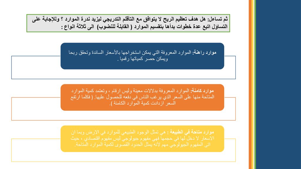 ثم تساءل: هل هدف تعظيم الربح لا يتوافق مع التأقلم التدريجي ليزيد ندرة الموارد ؟ وللإجابة على التساؤل اتبع عدة خطوات بدأها بتقسيم الموارد ( القابلة للنضوب) الى ثلاثة انواع :