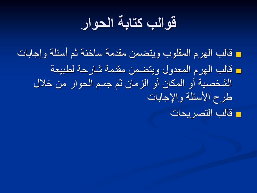 قوالب كتابة الحوار قالب الهرم المقلوب ويتضمن مقدمة ساخنة ثم أسئلة وإجابات.