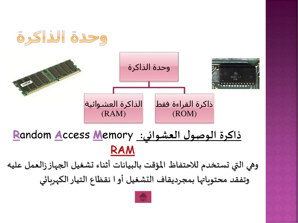 وحدة الذاكرة ذاكرة الوصول العشوائي: Random Access Memory RAM