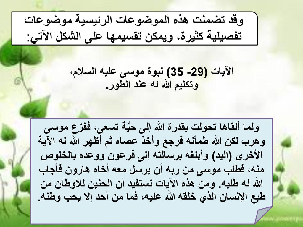 الآيات (29- 35) نبوة موسى عليه السلام، وتكليم الله له عند الطور.