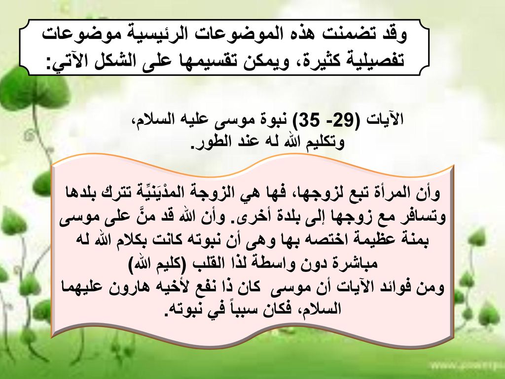 الآيات (29- 35) نبوة موسى عليه السلام، وتكليم الله له عند الطور.