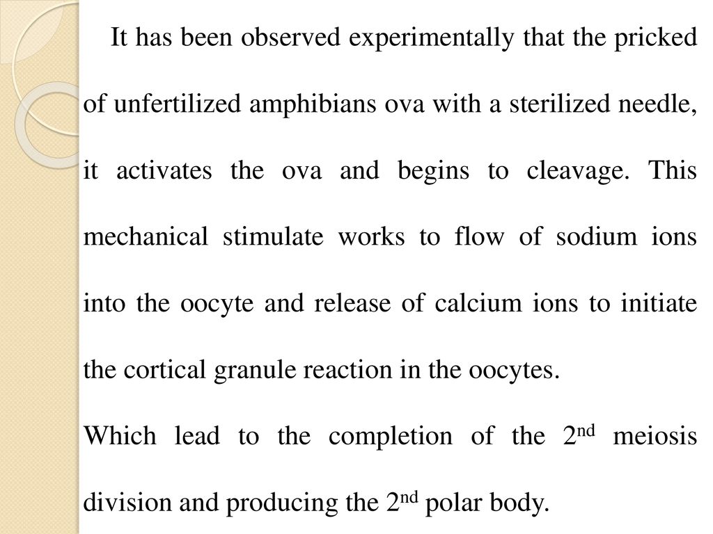 It has been observed experimentally that the pricked of unfertilized amphibians ova with a sterilized needle, it activates the ova and begins to cleavage. This mechanical stimulate works to flow of sodium ions into the oocyte and release of calcium ions to initiate the cortical granule reaction in the oocytes.
