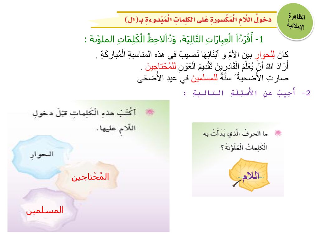 الظاهرةُ الإملائيةُ 1- أَقْرَُأ الْعِبِارَاتِ التَّالِيَةَ، وَُألاحِظُ الْكَلِمَاتِ الملوّنةَ :