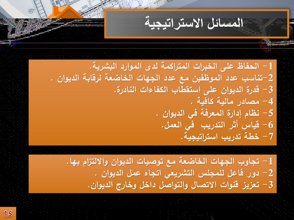 المسائل الاستراتيجية 1- الحفاظ على الخبرات المتراكمة لدى الموارد البشرية. 2-تناسب عدد الموظفين مع عدد الجهات الخاضعة لرقابة الديوان .