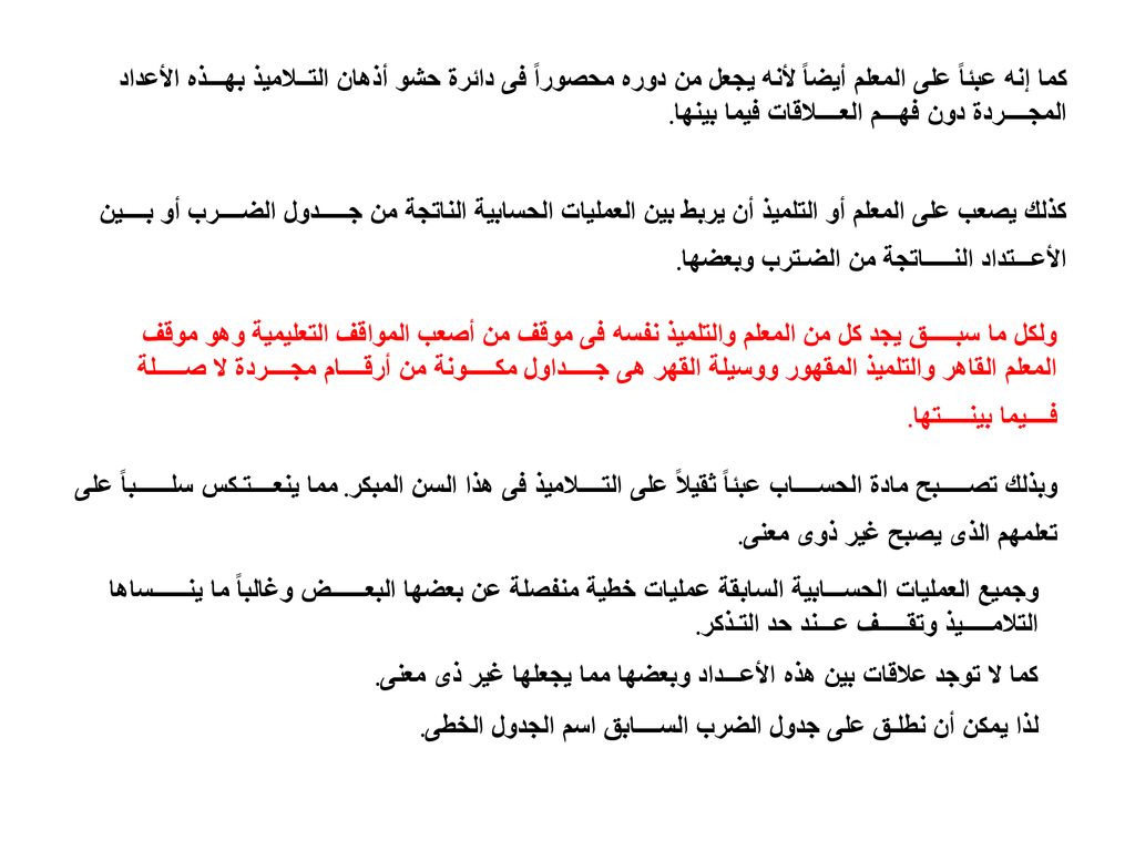 كما إنه عبئاً على المعلم أيضاً لأنه يجعل من دوره محصوراً فى دائرة حشو أذهان التــلاميذ بهـــذه الأعداد المجــــردة دون فهـــم العــــلاقات فيما بينها.