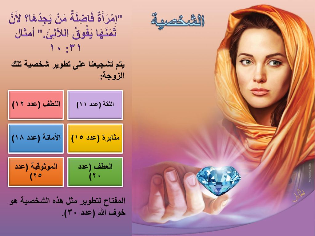 الشخصية اِمْرَأَةٌ فَاضِلَةٌ مَنْ يَجِدُهَا؟ لأَنَّ ثَمَنَهَا يَفُوقُ اللآلِئَ. أمثال ٣١: ١٠. يتم تشجيعنا على تطوير شخصية تلك الزوجة: