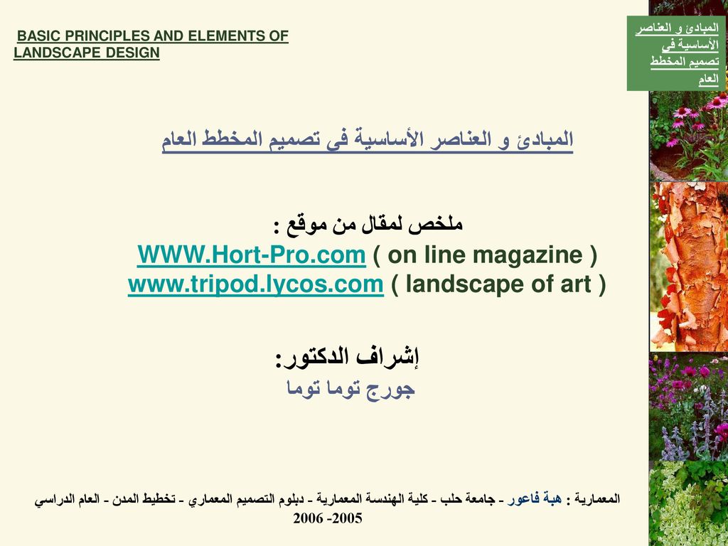 إشراف الدكتور: المبادئ و العناصر الأساسية في تصميم المخطط العام