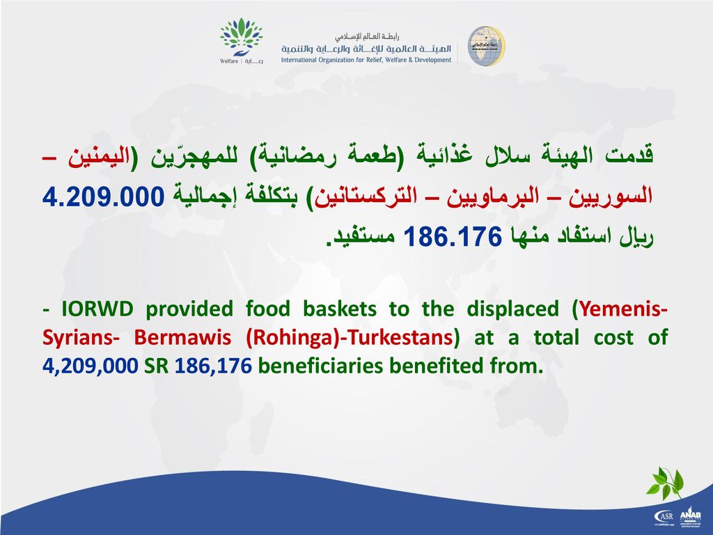 قدمت الهيئة سلال غذائية (طعمة رمضانية) للمهجرّين (اليمنين – السوريين – البرماويين – التركستانين) بتكلفة إجمالية ريال استفاد منها مستفيد.