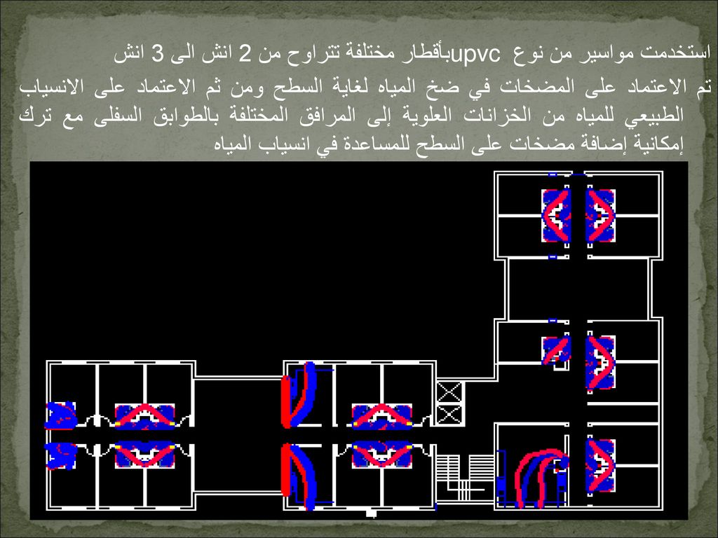 استخدمت مواسير من نوع upvc بأقطار مختلفة تتراوح من 2 انش الى 3 انش