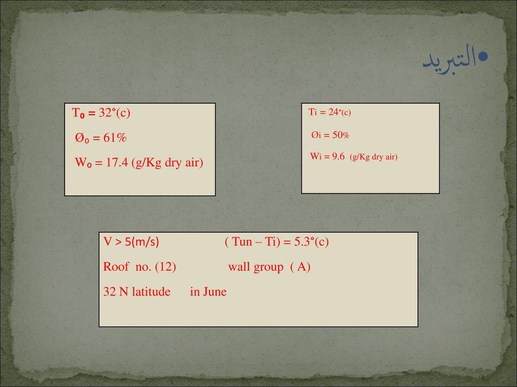 التبريد T₀ = 32°(c) Ø₀ = 61% W₀ = 17.4 (g/Kg dry air)