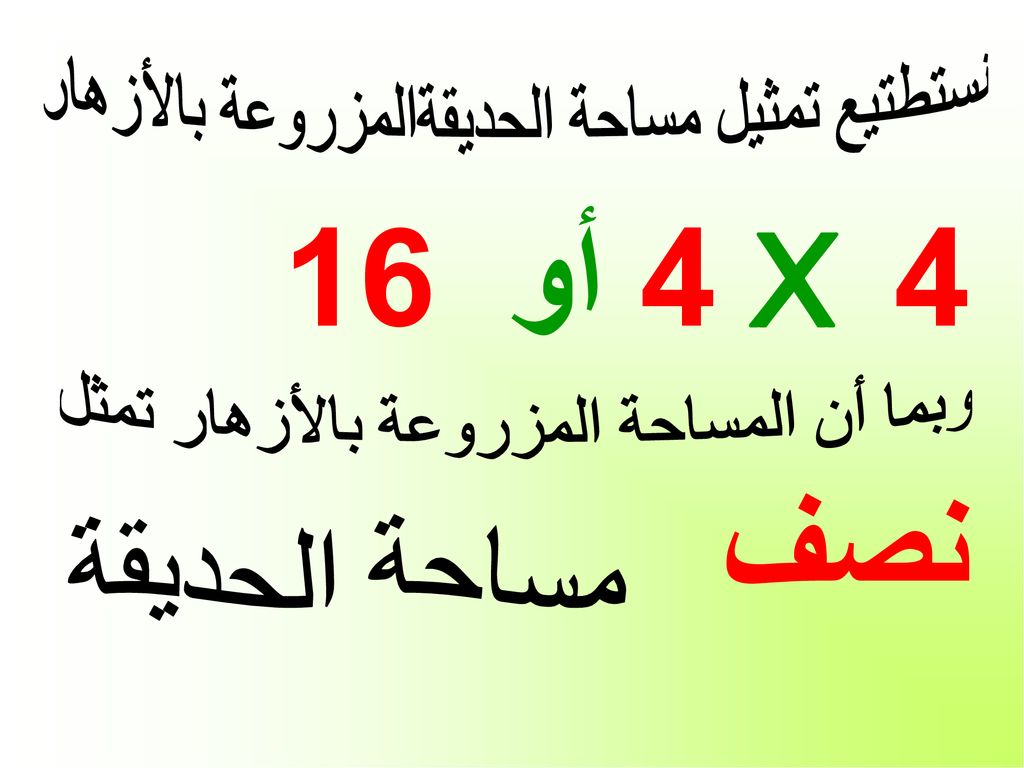 4 X 4 أو 16 نصف نستطتيع تمثيل مساحة الحديقةالمزروعة بالأزهار