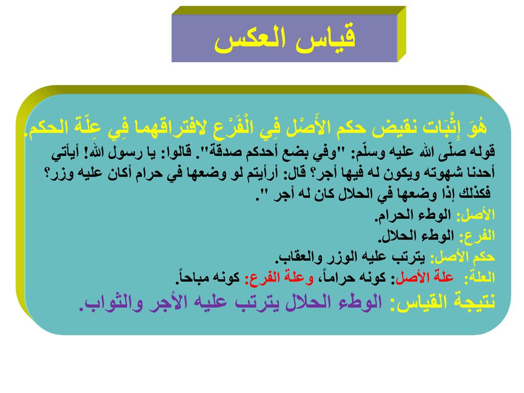 قياس العكس هُوَ إِثْبَات نقيض حكم الأَصْل فِي الْفَرْع لافتراقهما فِي عِلّة الحكم.