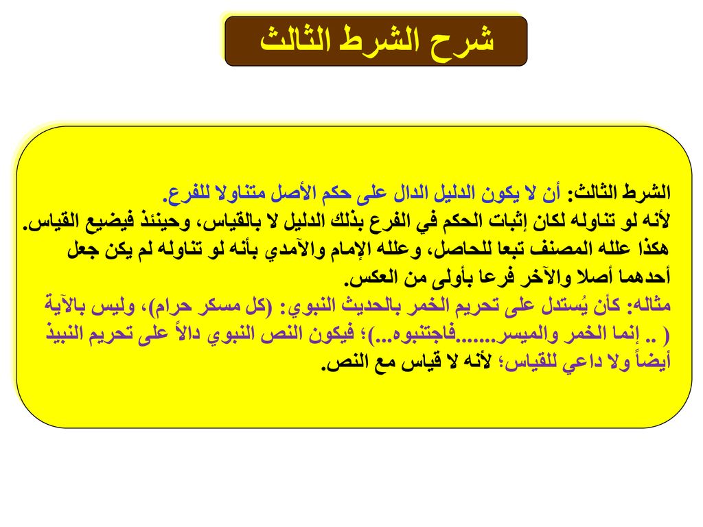 شرح الشرط الثالث الشرط الثالث: أن لا يكون الدليل الدال على حكم الأصل متناولا للفرع.