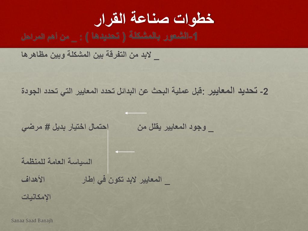 خطوات صناعة القرار 1-الشعور بالمشكلة ( تحديدها ) : _ من أهم المراحل