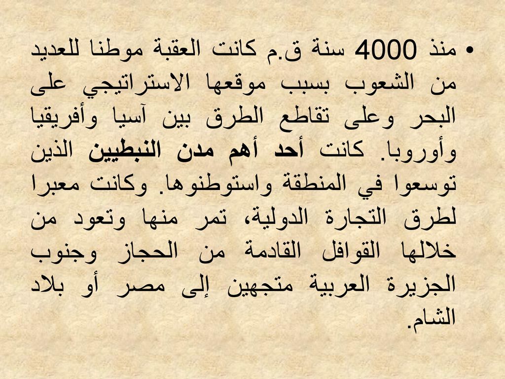 منذ 4000 سنة ق.م كانت العقبة موطنا للعديد من الشعوب بسبب موقعها الاستراتيجي على البحر وعلى تقاطع الطرق بين آسيا وأفريقيا وأوروبا.