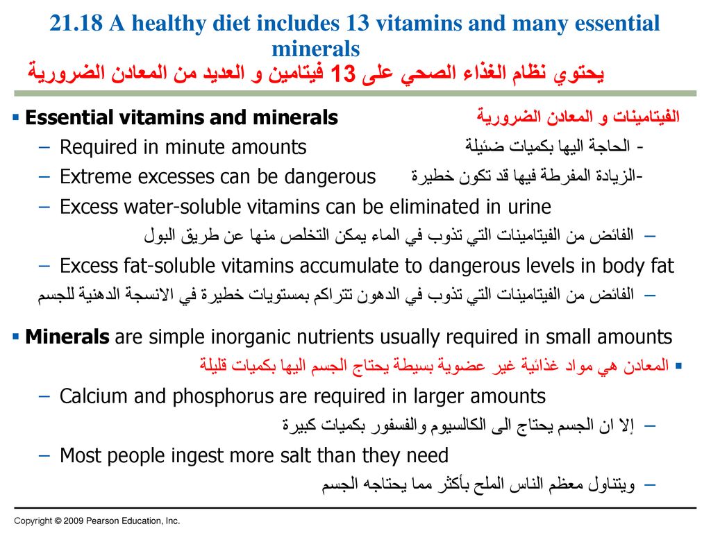 21.18 A healthy diet includes 13 vitamins and many essential minerals يحتوي نظام الغذاء الصحي على 13 فيتامين و العديد من المعادن الضرورية