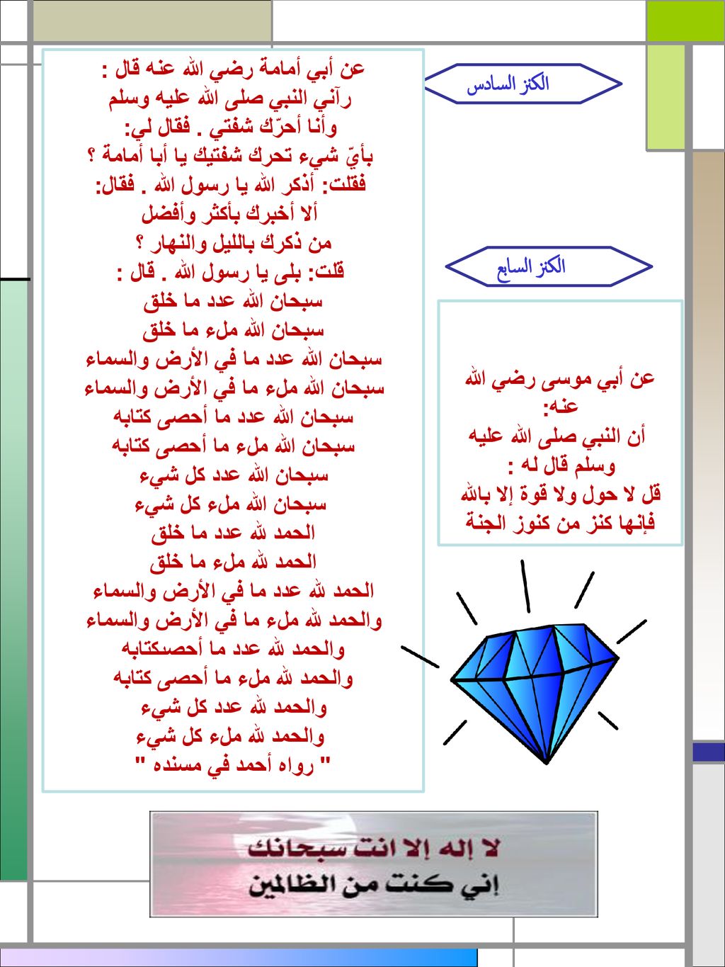 الكنز السادس الكنز السابع عن أبي أمامة رضي الله عنه قال :