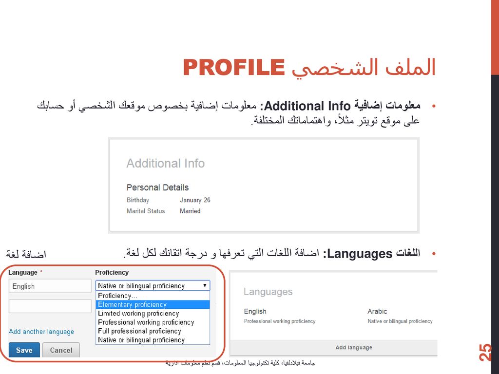 الملف الشخصي Profile معلومات إضافية Additional Info: معلومات إضافية بخصوص موقعك الشخصي أو حسابك على موقع تويتر مثلاً، واهتماماتك المختلفة.