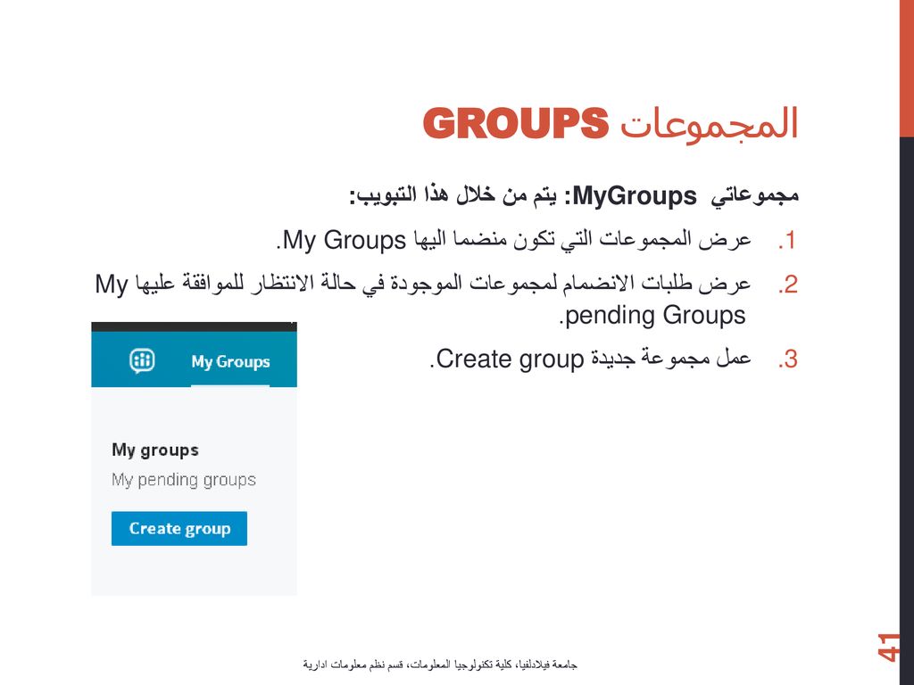 المجموعات Groups مجموعاتي MyGroups : يتم من خلال هذا التبويب: