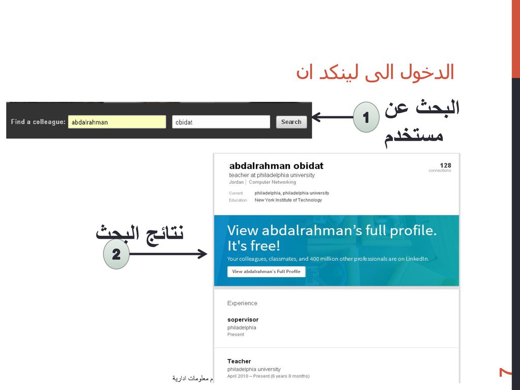 الدخول الى لينكد ان البحث عن مستخدم 1 نتائج البحث 2
