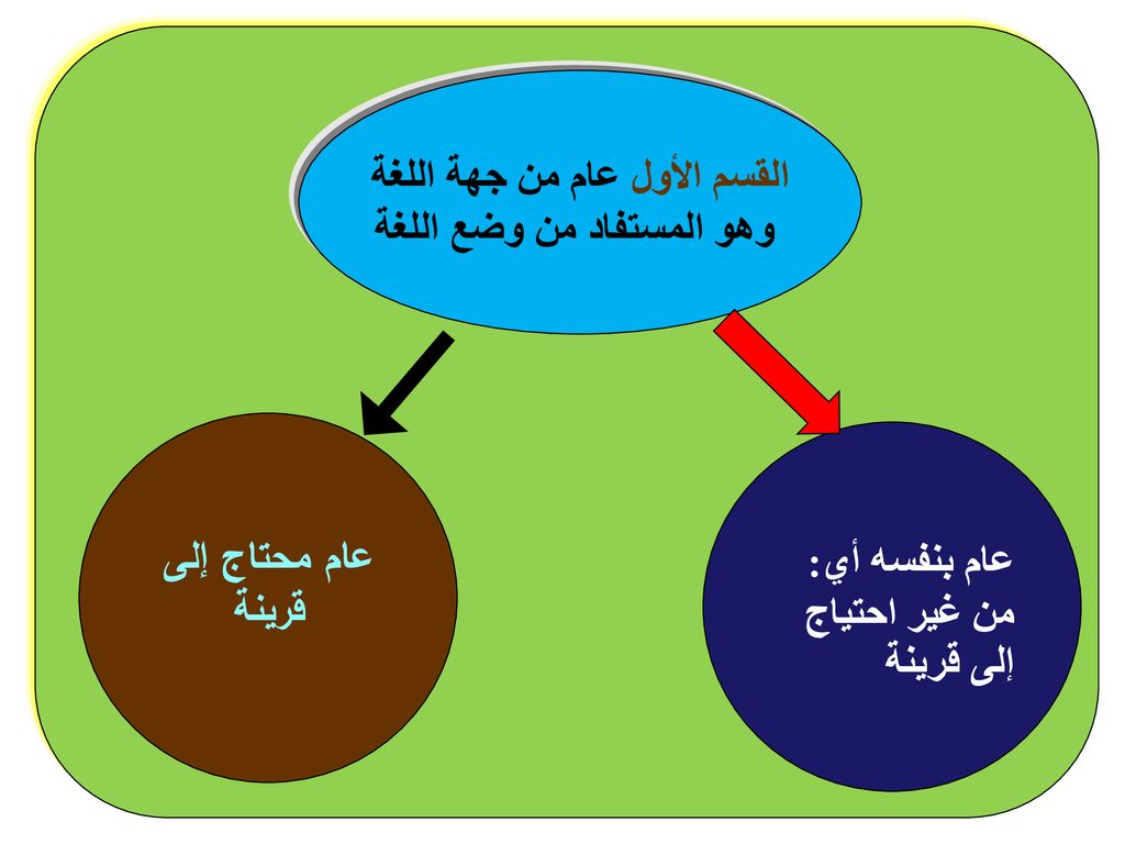 القسم الأول عام من جهة اللغة وهو المستفاد من وضع اللغة