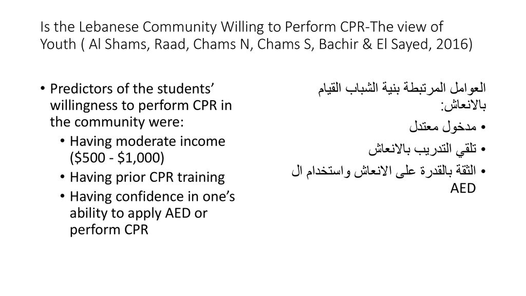 Is the Lebanese Community Willing to Perform CPR-The view of Youth ( Al Shams, Raad, Chams N, Chams S, Bachir & El Sayed, 2016)