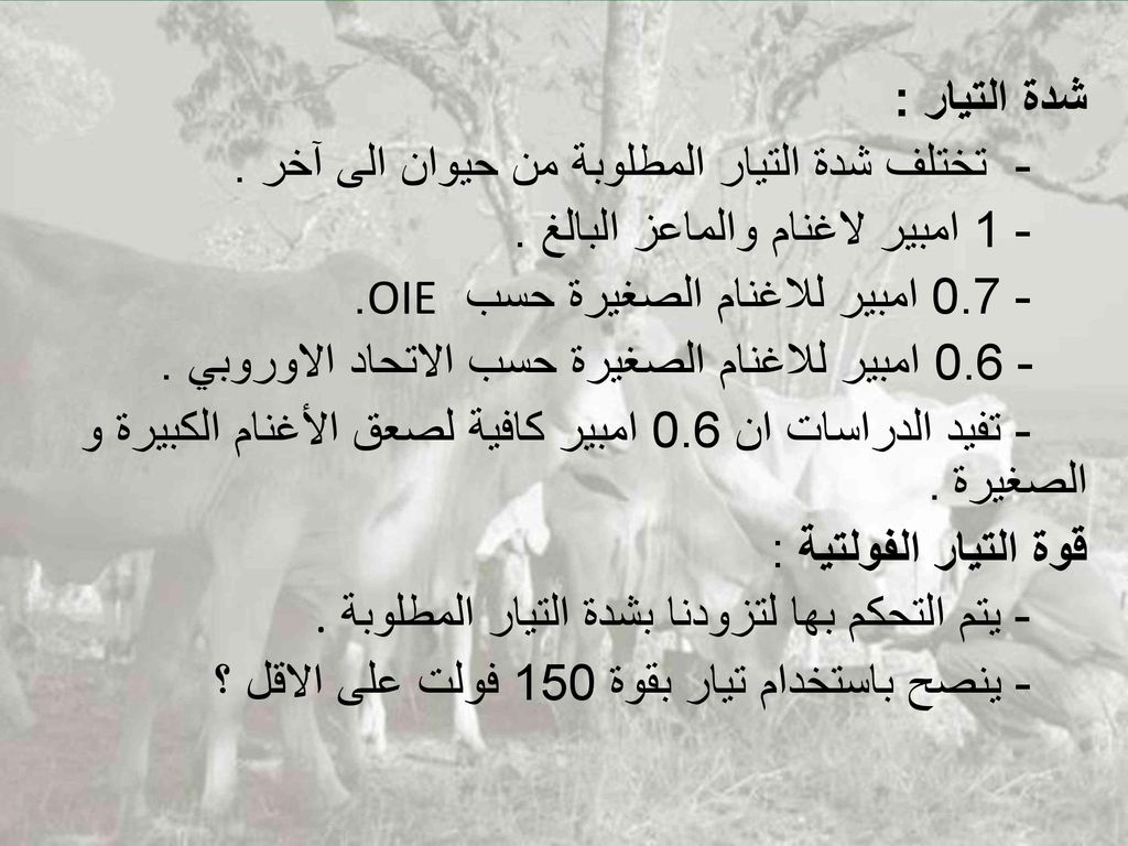 شدة التيار : - تختلف شدة التيار المطلوبة من حيوان الى آخر