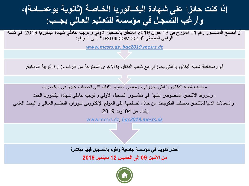 إذا كنت حائزا على شهادة البكــالوريا الخـاصة (ثانوية بوعمــامة)، وأرغب التسجـل في مؤسسة للتعـليم العـالي يجــب: