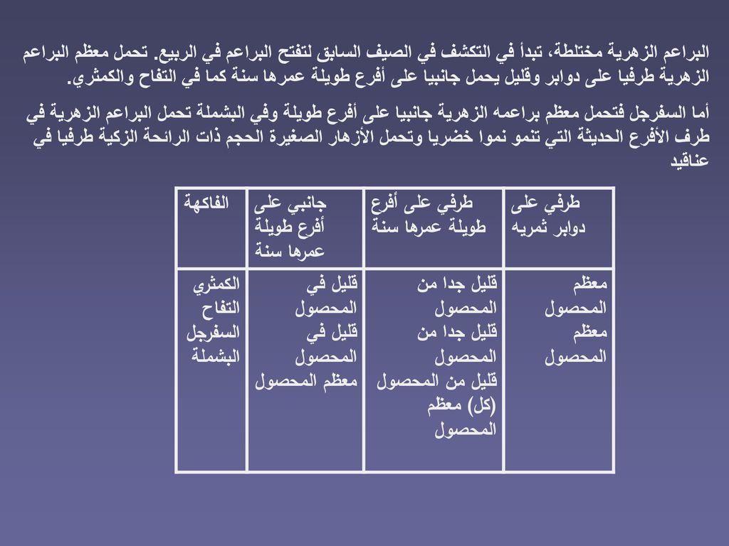 البراعم الزهرية مختلطة، تبدأ في التكشف في الصيف السابق لتفتح البراعم في الربيع. تحمل معظم البراعم الزهرية طرفيا على دوابر وقليل يحمل جانبيا على أفرع طويلة عمرها سنة كما في التفاح والكمثري.