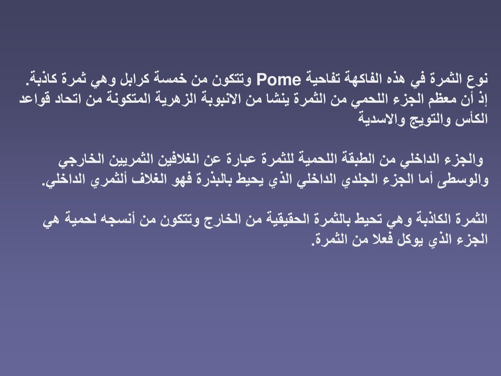 نوع الثمرة في هذه الفاكهة تفاحية Pome وتتكون من خمسة كرابل وهي ثمرة كاذبة. إذ أن معظم الجزء اللحمي من الثمرة ينشا من الانبوبة الزهرية المتكونة من اتحاد قواعد الكأس والتويج والاسدية