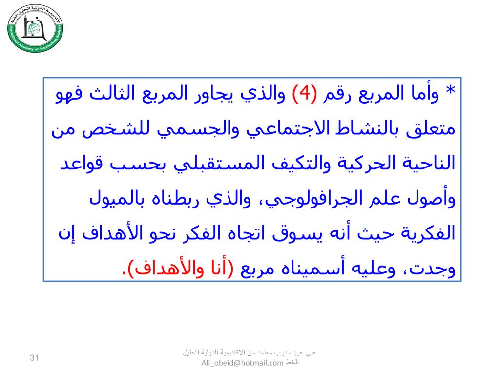 * وأما المربع رقم (4) والذي يجاور المربع الثالث فهو