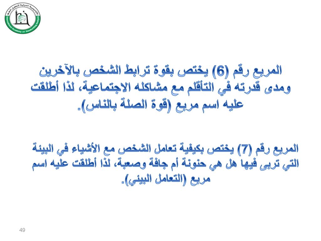 المربع رقم (6) يختص بقوة ترابط الشخص بالآخرين ومدى قدرته في التأقلم مع مشاكله الاجتماعية، لذا أطلقت عليه اسم مربع (قوة الصلة بالناس).
