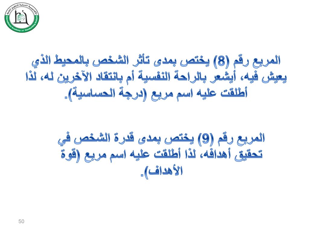 المربع رقم (8) يختص بمدى تأثر الشخص بالمحيط الذي يعيش فيه، أيشعر بالراحة النفسية أم بانتقاد الآخرين له، لذا أطلقت عليه اسم مربع (درجة الحساسية).