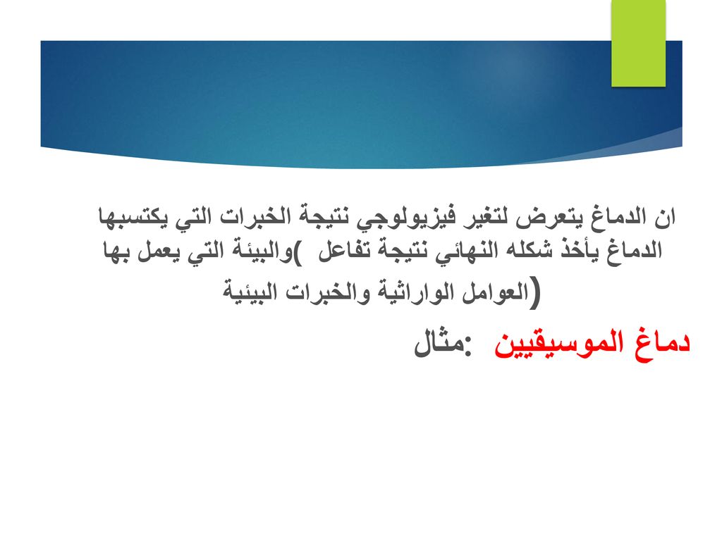ان الدماغ يتعرض لتغير فيزيولوجي نتيجة الخبرات التي يكتسبها والبيئة التي يعمل بها( الدماغ يأخذ شكله النهائي نتيجة تفاعل العوامل الواراثية والخبرات البيئية)