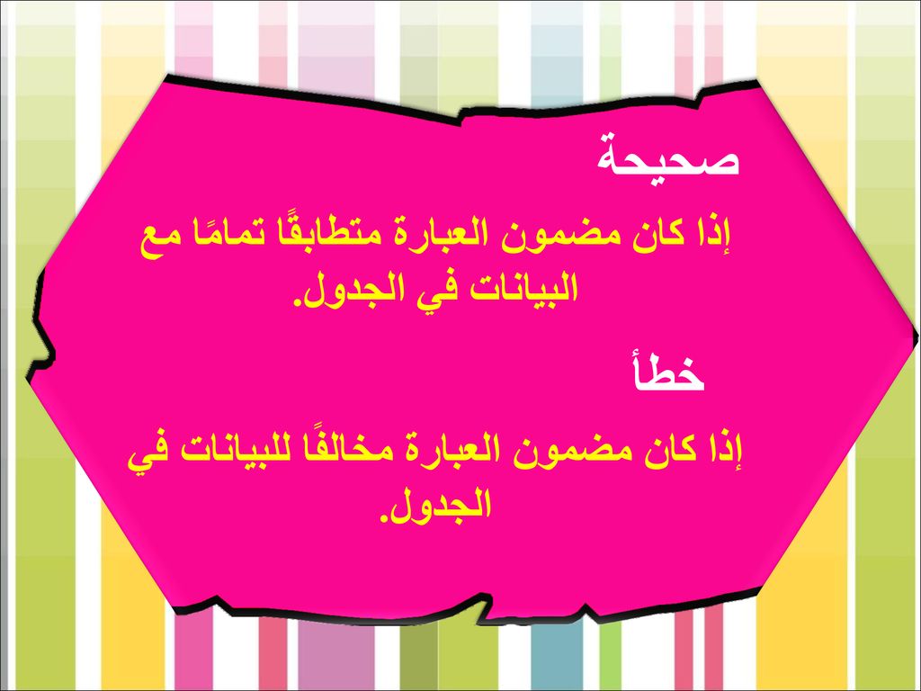 صحيحة خطأ إذا كان مضمون العبارة متطابقًا تمامًا مع البيانات في الجدول.