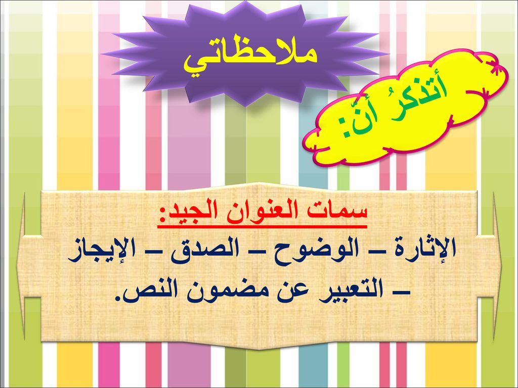 الإثارة – الوضوح – الصدق – الإيجاز – التعبير عن مضمون النص.