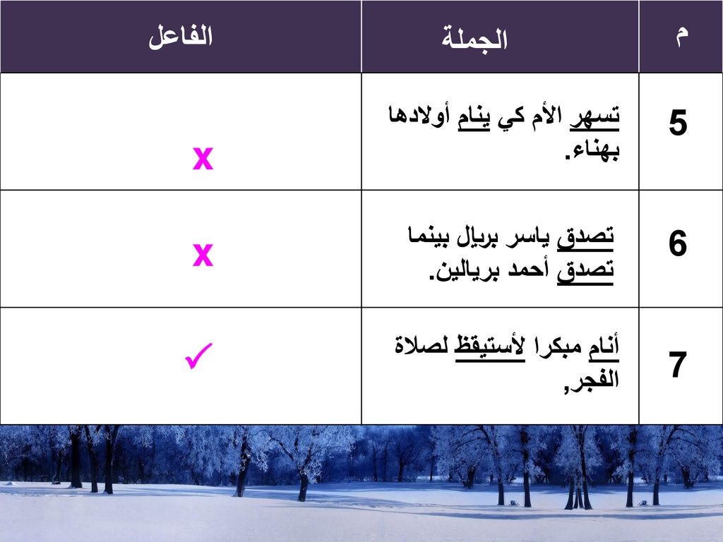 x x  م الفاعل الجملة تسهر الأم كي ينام أولادها بهناء.