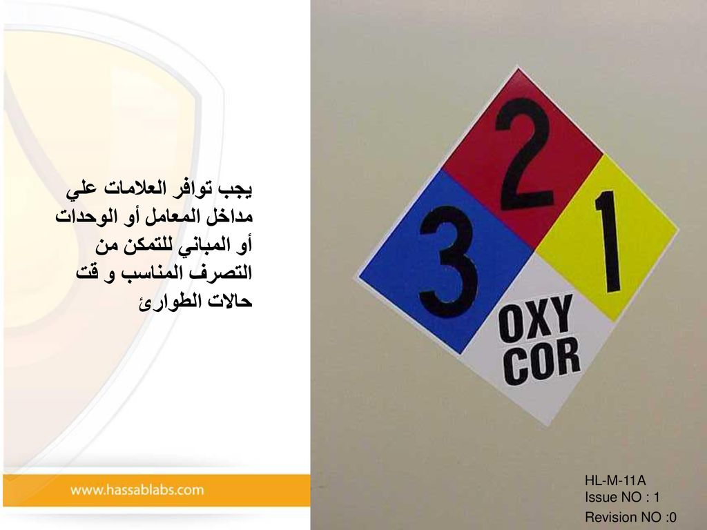 يجب توافر العلامات علي مداخل المعامل أو الوحدات أو المباني للتمكن من التصرف المناسب و قت حالات الطوارئ