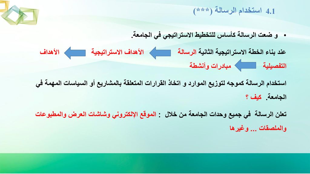 استخدام الرسالة (***) 4.1 و ضعت الرسالة كأساس للتخطيط الاستراتيجي في الجامعة.