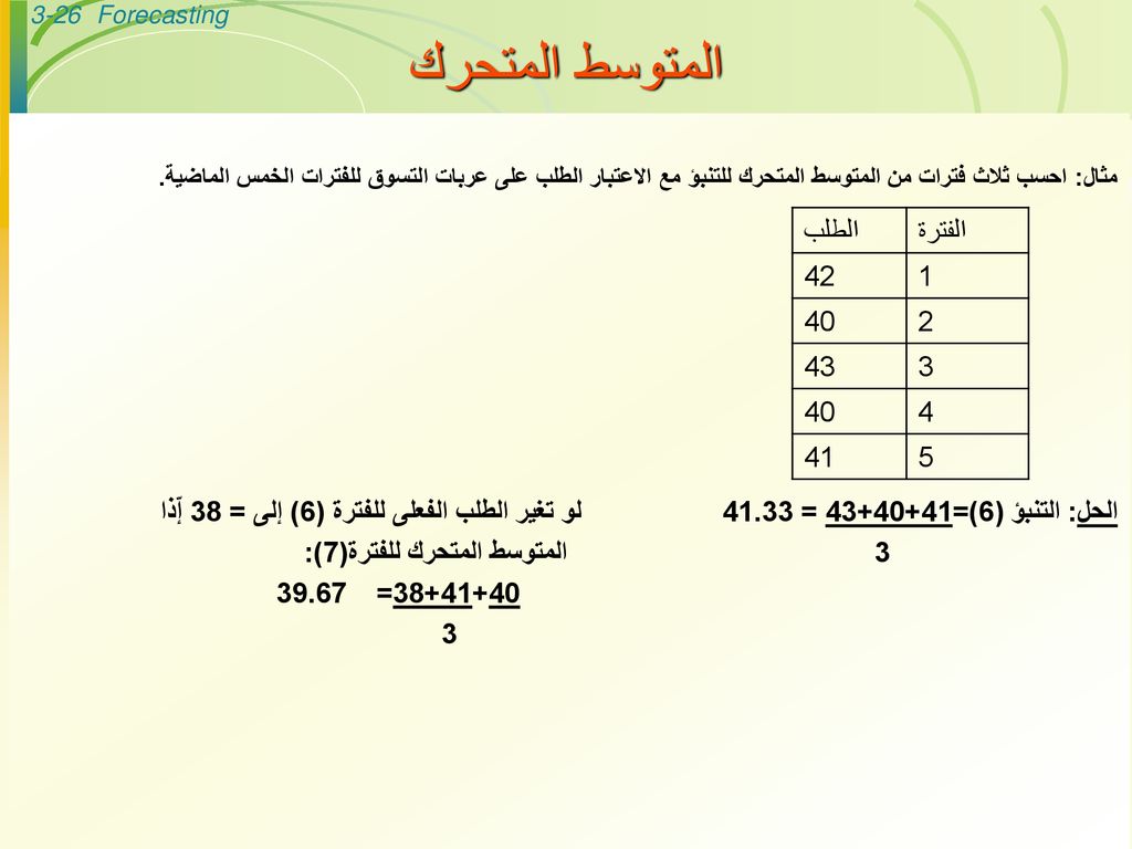 المتوسط المتحرك مثال: احسب ثلاث فترات من المتوسط المتحرك للتنبؤ مع الاعتبار الطلب على عربات التسوق للفترات الخمس الماضية.