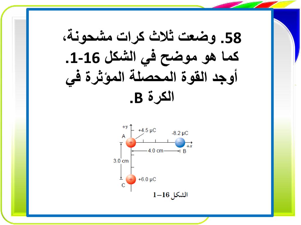 58. وضعت ثلاث كرات مشحونة، كما هو موضح في الشكل 1-16