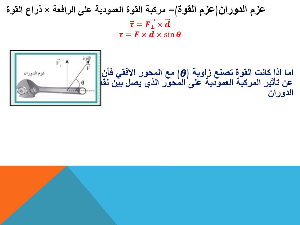 عزم الدوران(عزم القوة)= مركبة القوة العمودية على الرافعة × ذراع القوة