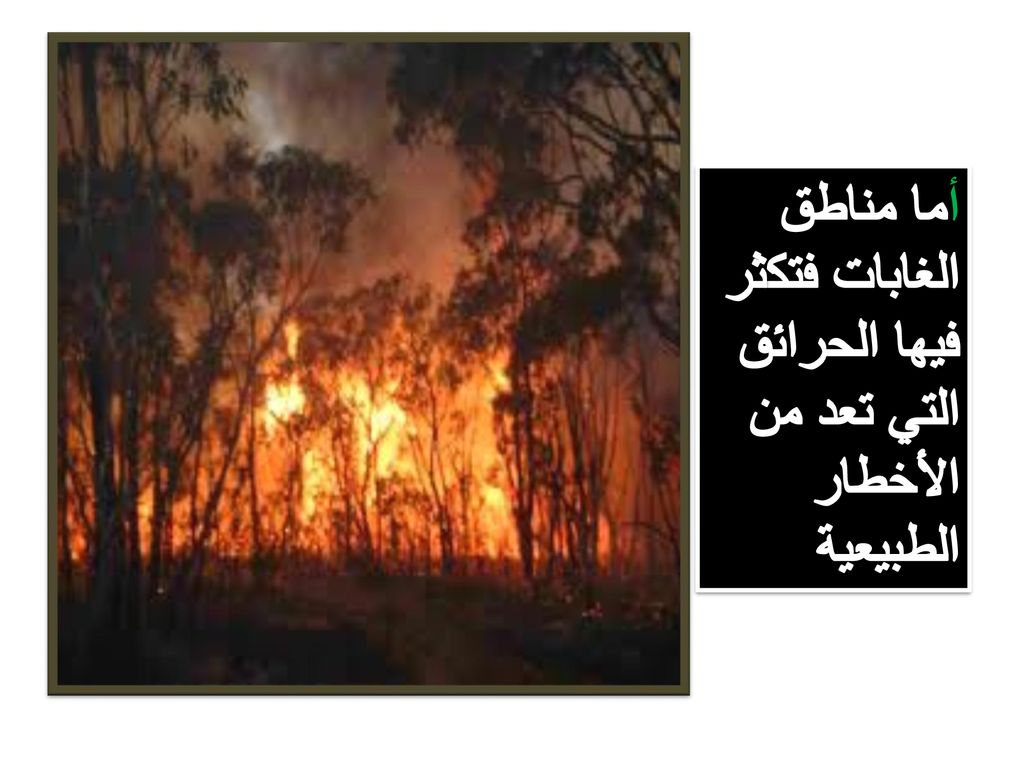 أما مناطق الغابات فتكثر فيها الحرائق التي تعد من الأخطار الطبيعية