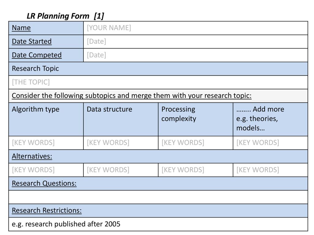 LR Planning Form [1] Name [YOUR NAME] Date Started [Date]