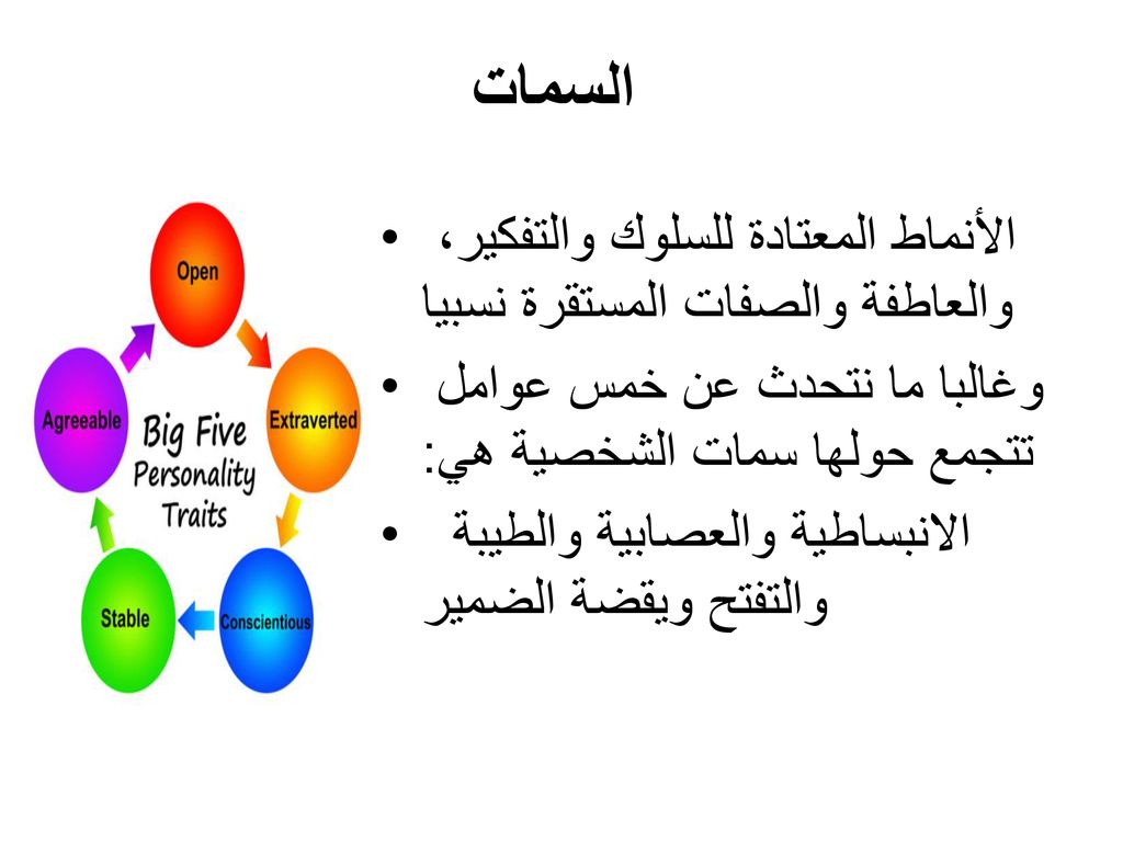 السمات الأنماط المعتادة للسلوك والتفكير، والعاطفة والصفات المستقرة نسبيا. وغالبا ما نتحدث عن خمس عوامل تتجمع حولها سمات الشخصية هي: