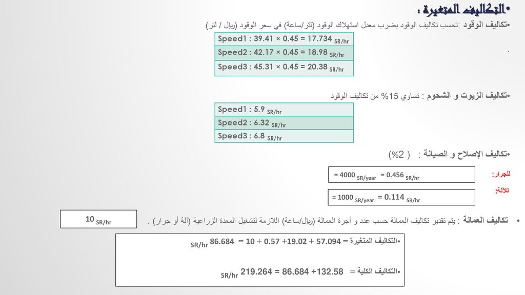 التكاليف المتغيرة : تكاليف الوقود :تحسب تكاليف الوقود بضرب معدل استهلاك الوقود (لتر/ساعة) في سعر الوقود (ريال / لتر)