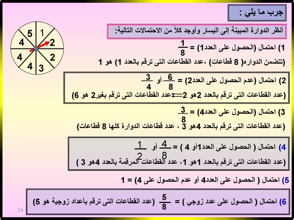 جرب ما يلي : أنظر الدوارة المبينة إلى اليسار وأوجد كلاً من الاحتمالات التالية: 1) احتمال (الحصول على العدد1) =