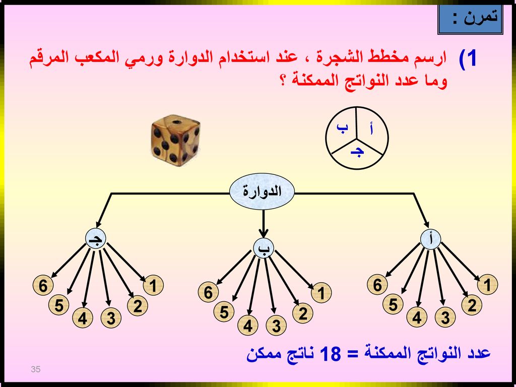 1) تمرن : ارسم مخطط الشجرة ، عند استخدام الدوارة ورمي المكعب المرقم